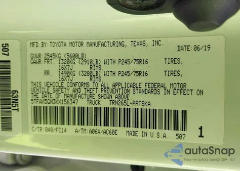 2019 Toyota Tacoma Sr5 z USA, uszkodzony, nr VIN 5TFAX5GN3KX156347